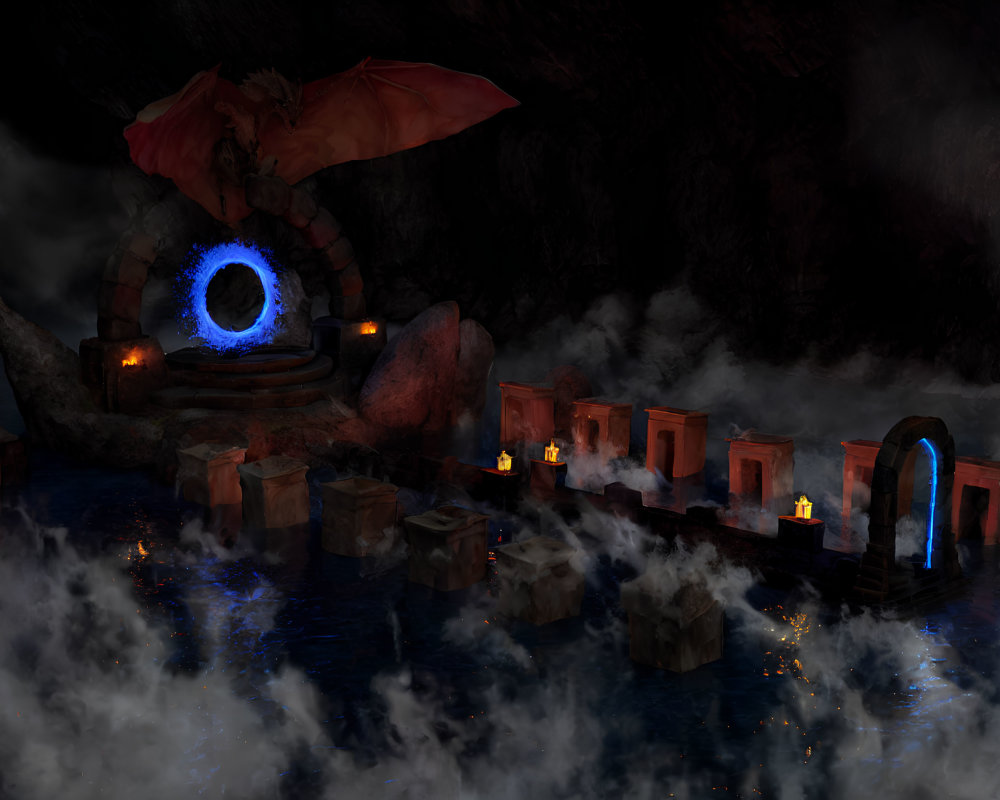 Dragon beside glowing portal, stone pathways, floating candles, mist over water