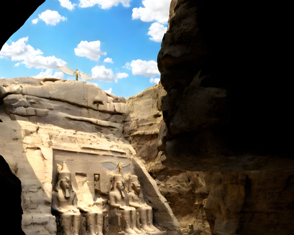 Ancient temple with carved figures in cave silhouette against blue sky