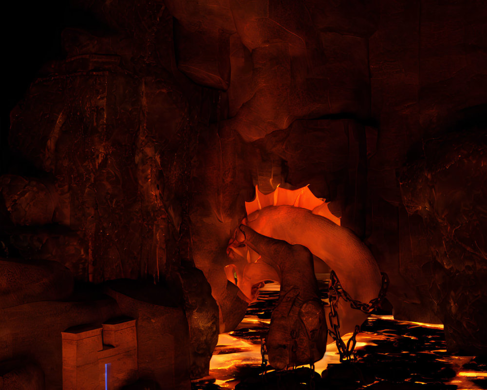 Volcanic cave with lava flows, chained dragon, and glowing rocks