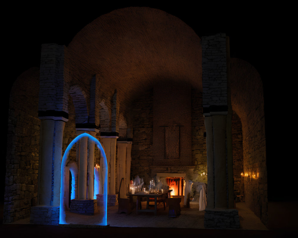 Medieval room with stone arches, neon blue light, and candles