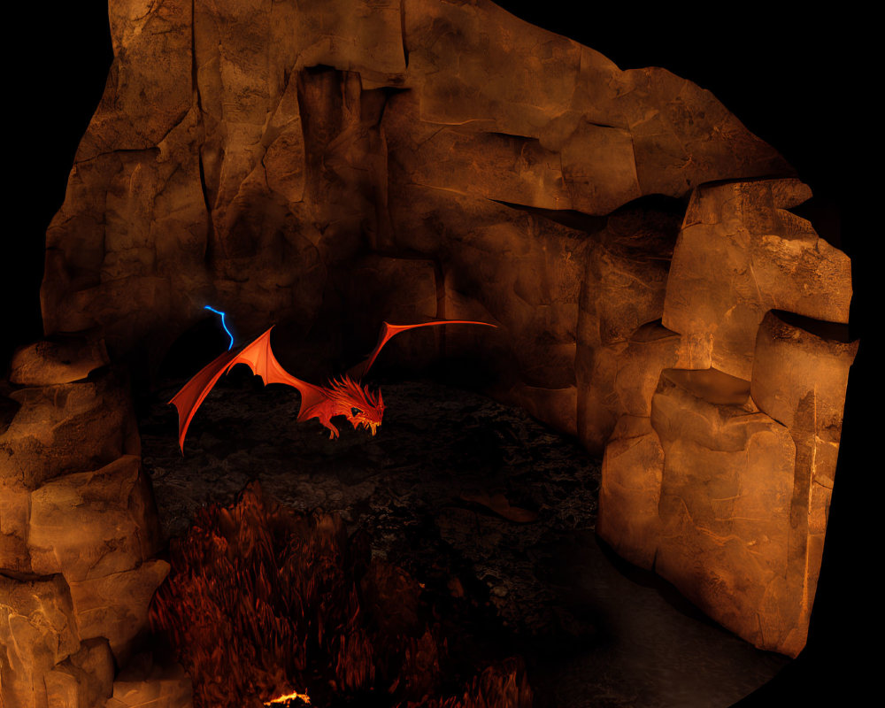 Colorful Dragon in Dark Cave with Lava Glow