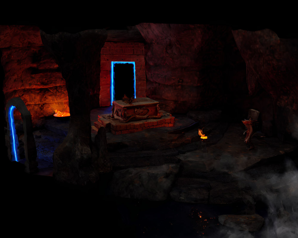 Mystical cave with glowing portals, ancient altar, flames, and fog