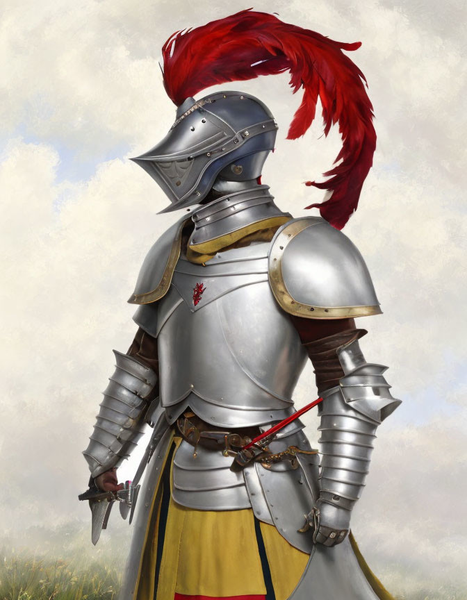 Knight in Shining Armor with Red Feathered Helmet and Sword Hilt