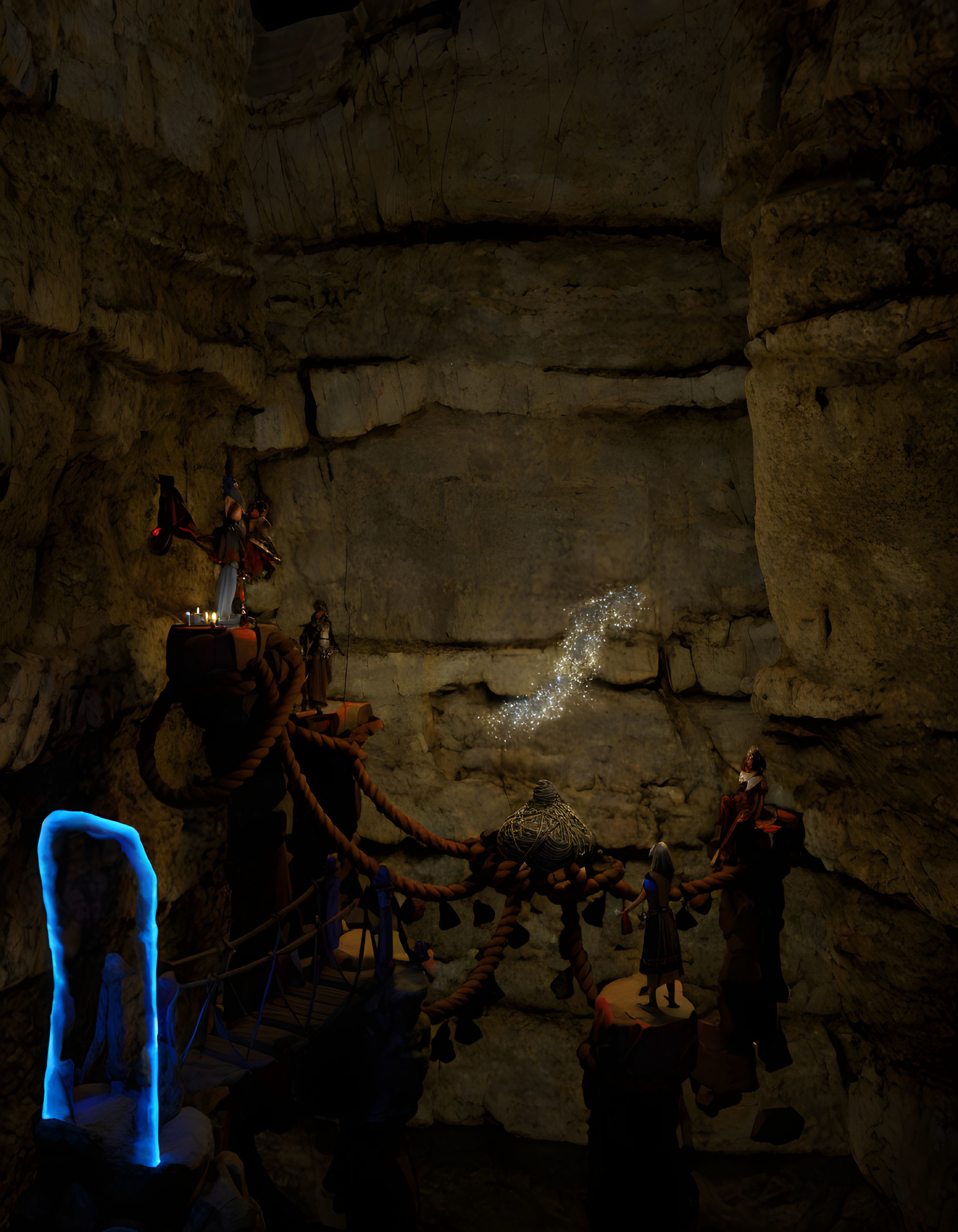 Mystical underground chamber with glowing blue doorway, elephant, and figures in ceremonial attire.