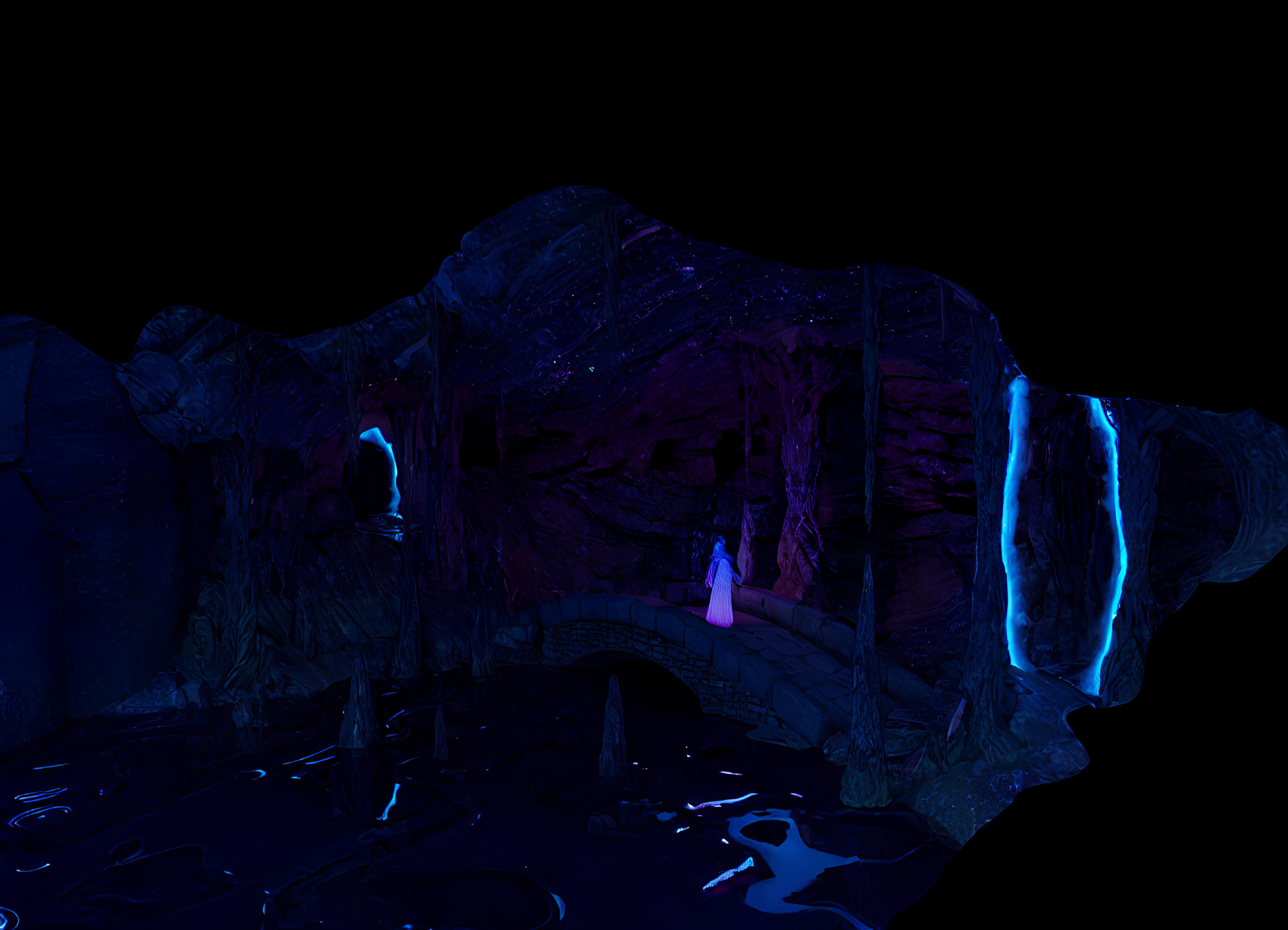 Mystical cave with glowing blue waterfalls and pink light figure