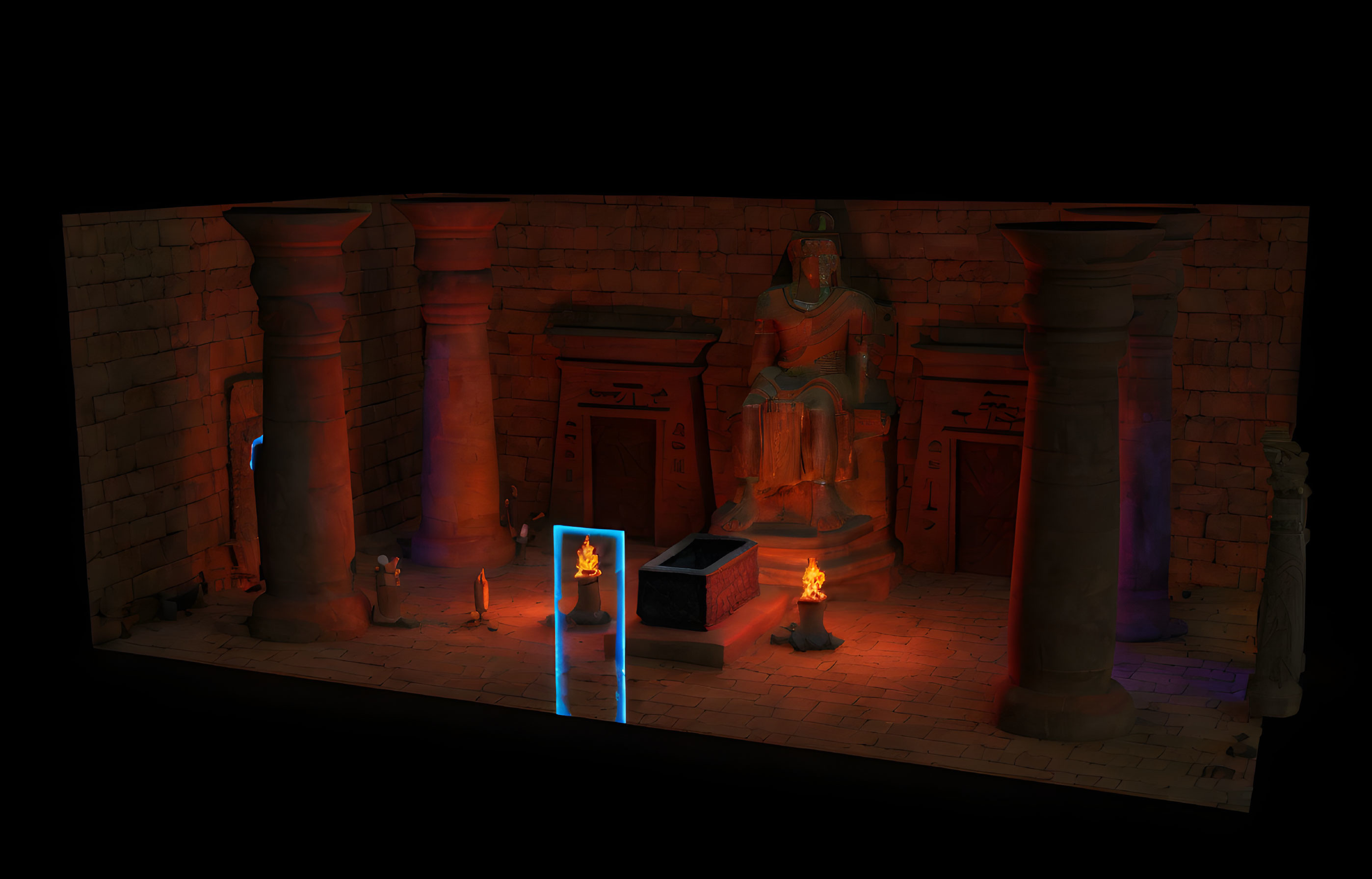 Ancient shrine with statues, columns, torches: serene, mysterious ambiance