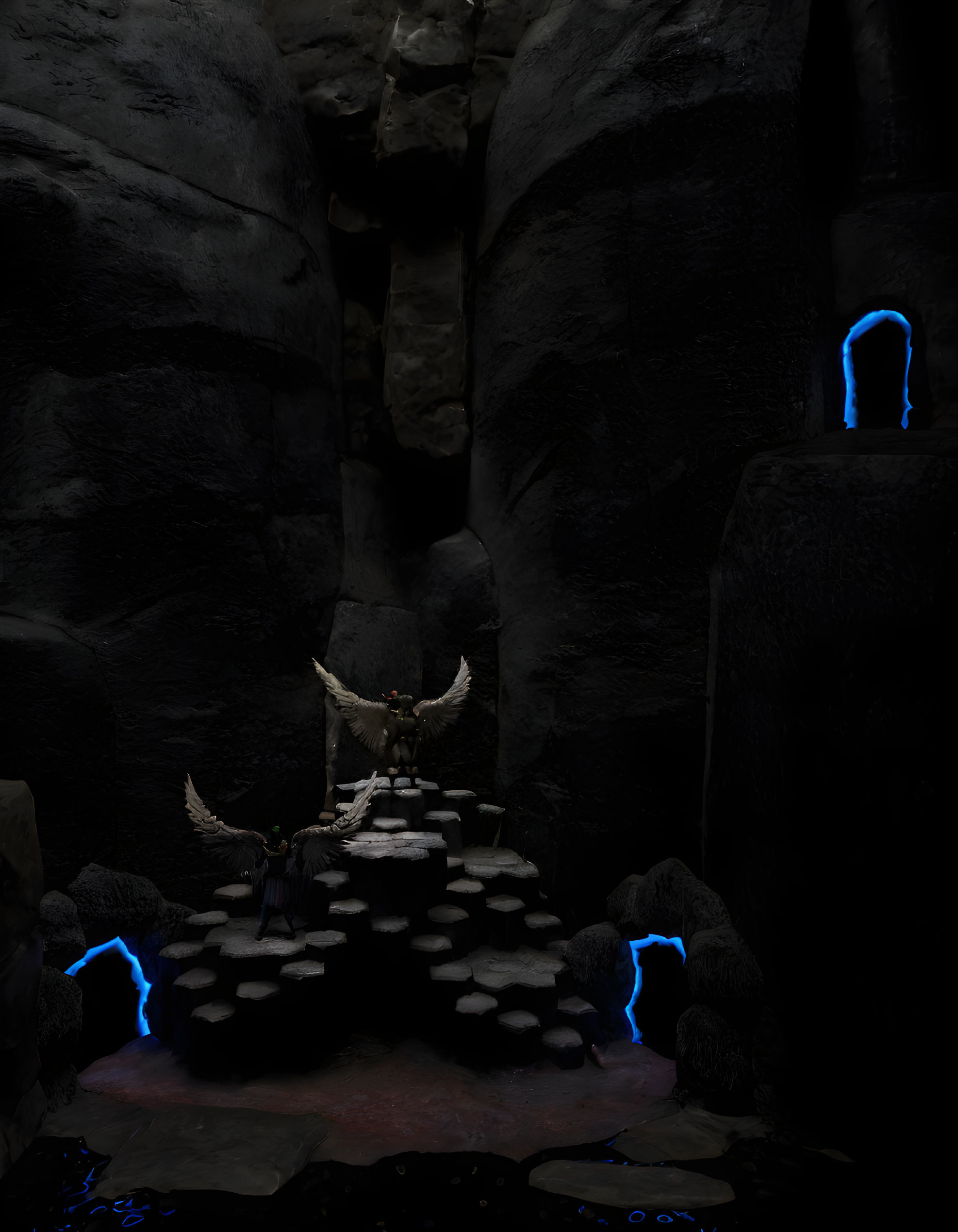 Dark cave with blue glowing markings and angelic statue on stone platforms