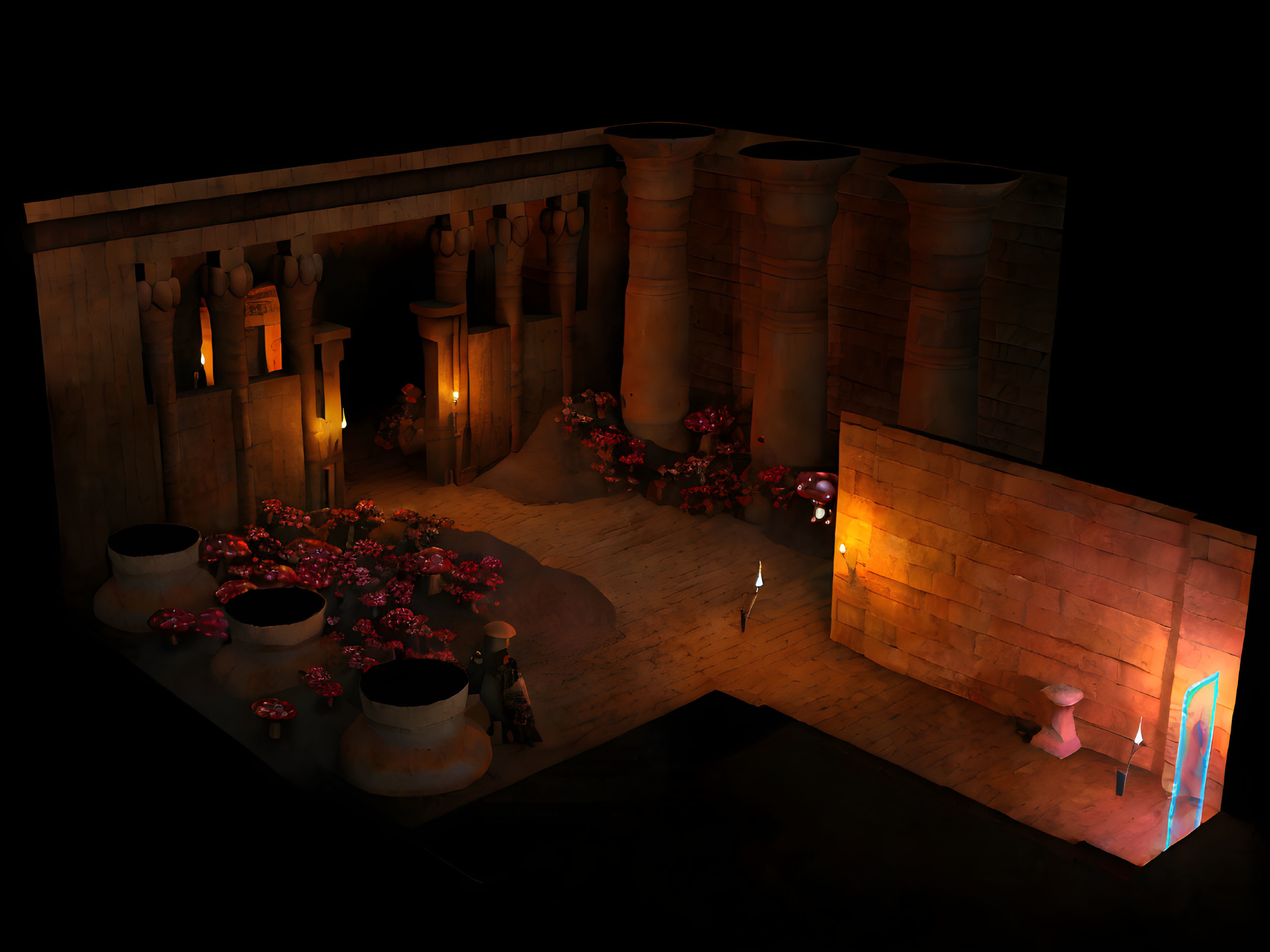 Dark digital artwork featuring an ancient room with pottery, flowers, candles, pillars, and a glowing doorway