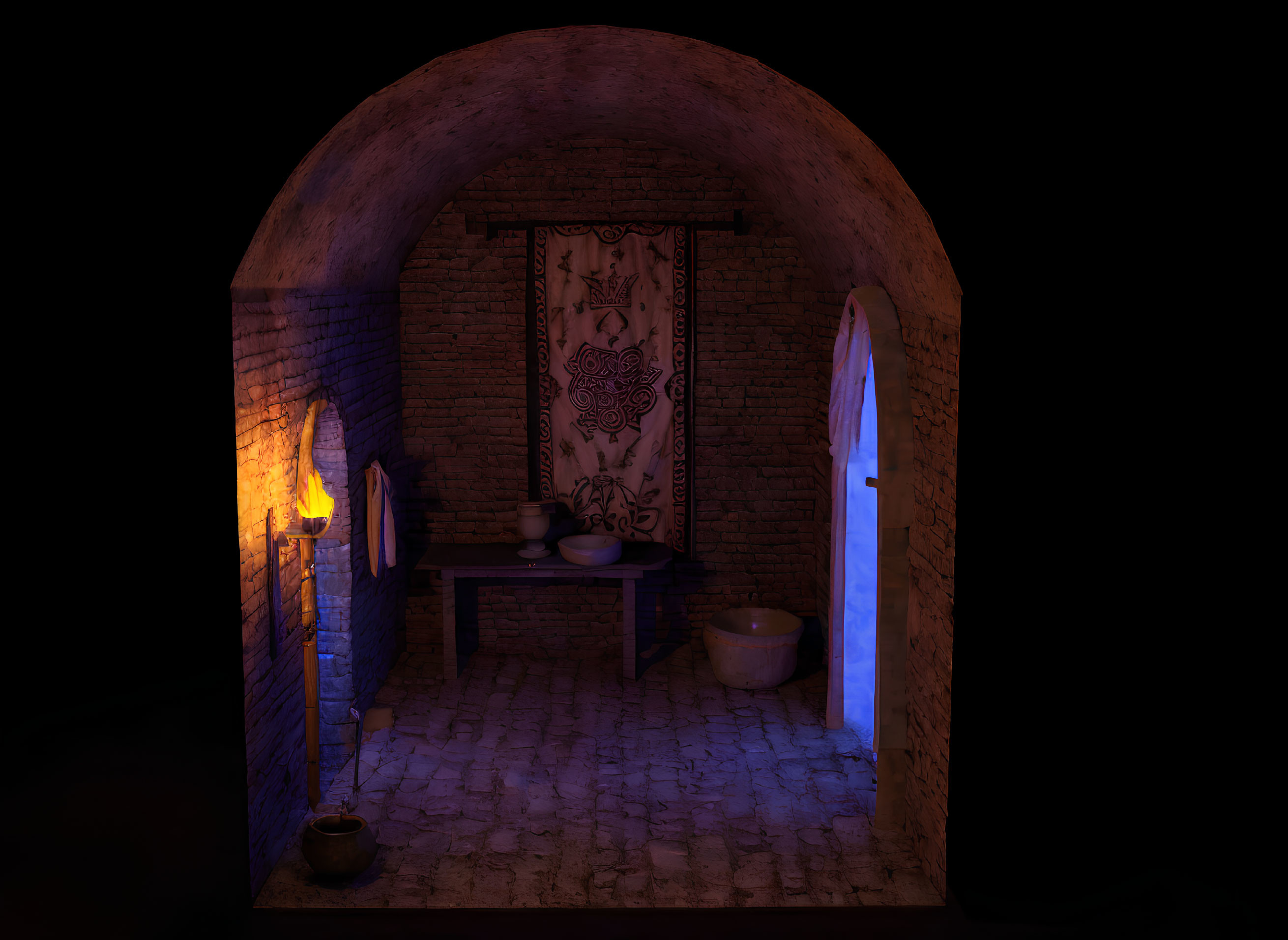 Medieval stone room with wooden table, bowls, blue glowing window, and wall tapestry