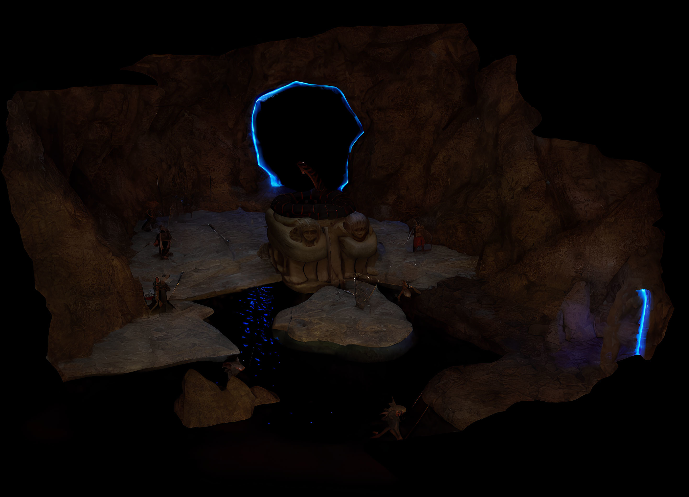 Mystical cave with glowing blue portals and unusual rock formations