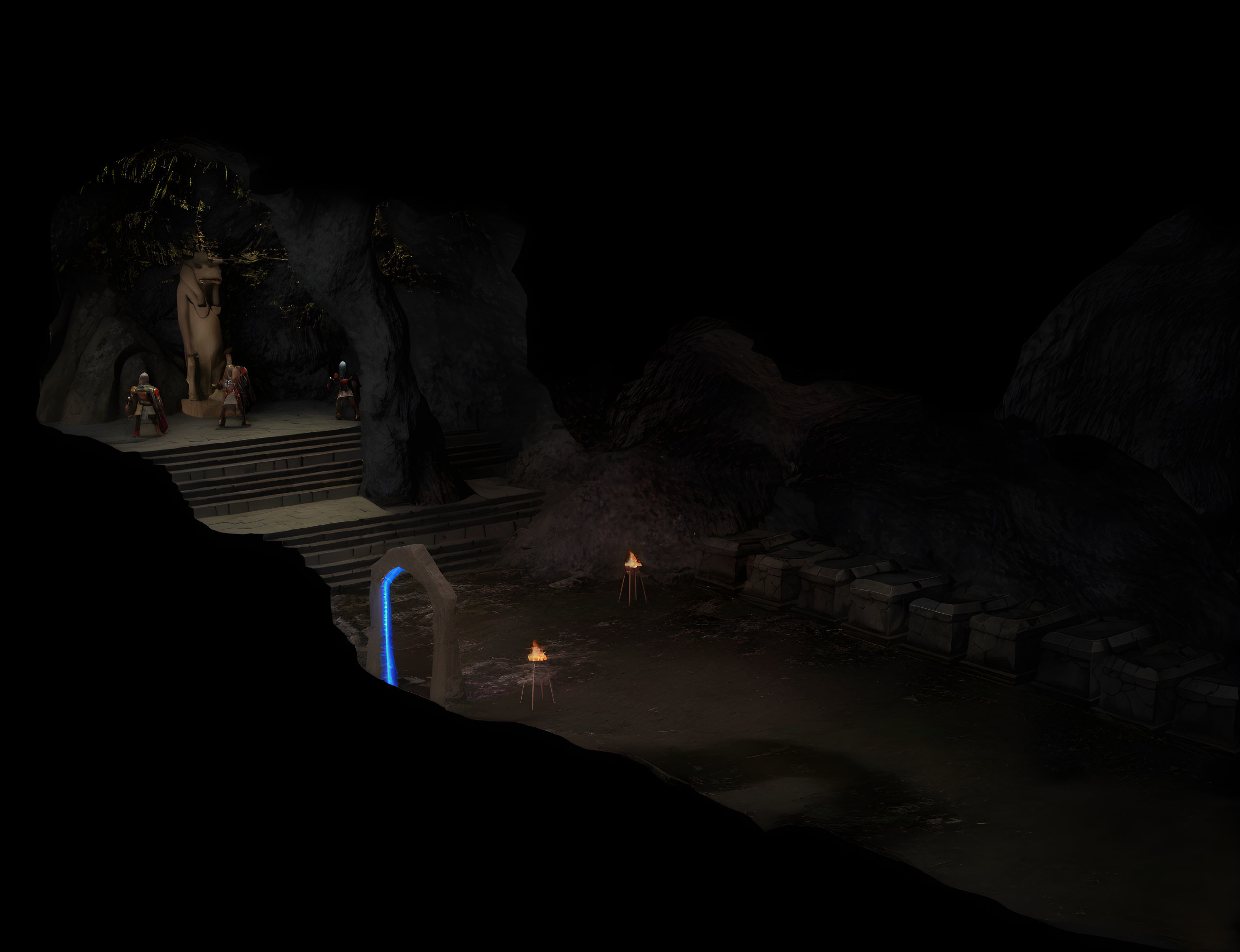 Mysterious cave with glowing portal, bonfire, statue & figures