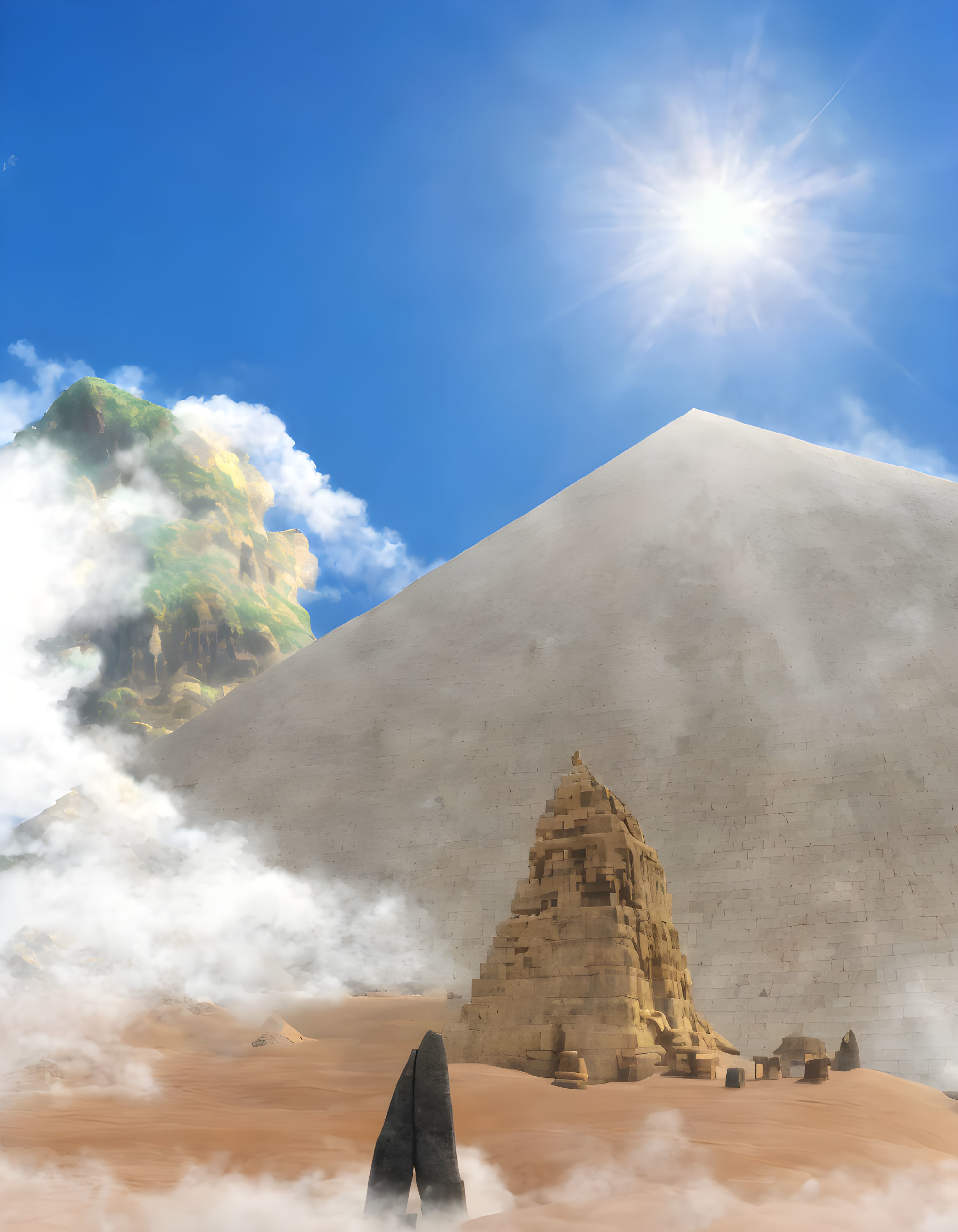 Digital artwork: Sunlit pyramid, floating mountain, clouds, and desert landscape