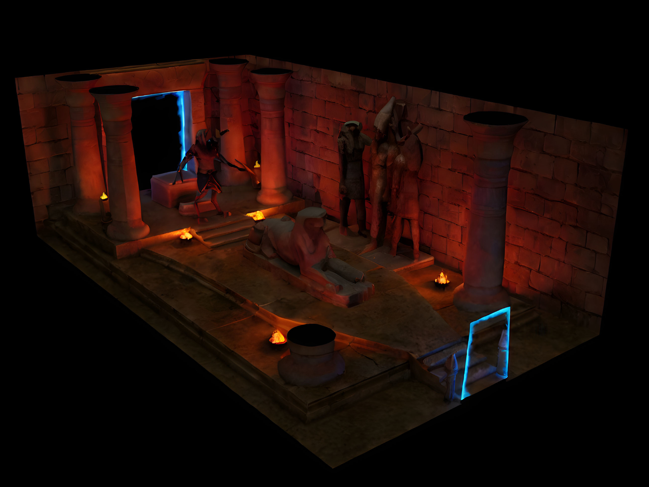 Dimly Lit 3D-Rendered Temple with Red Lighting