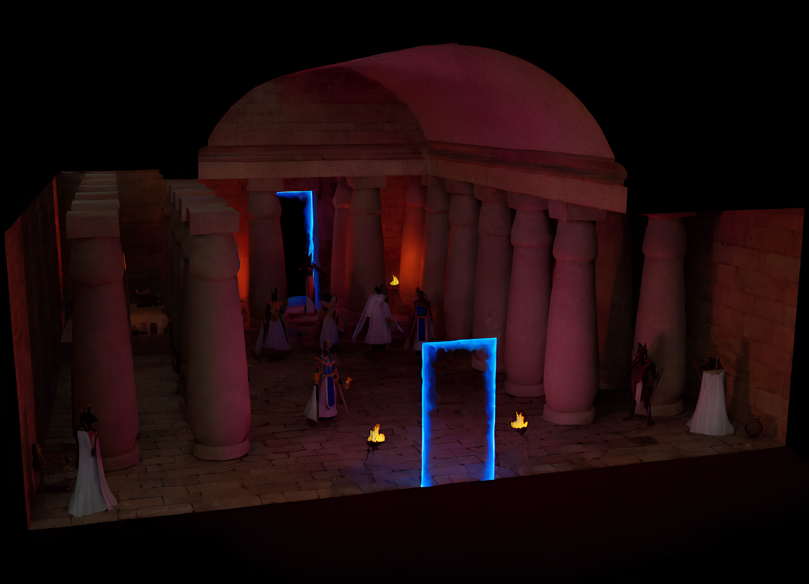 3D-rendered scene of hooded figures in ancient temple with blue and orange lights