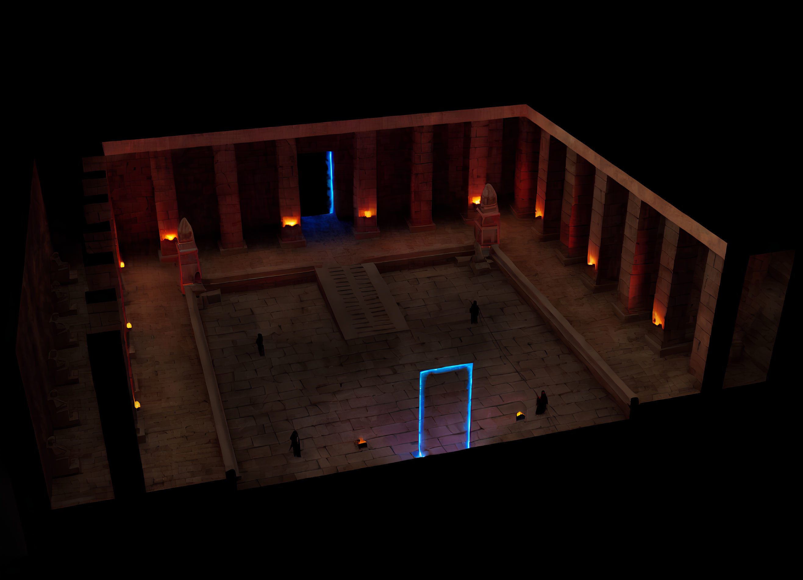 Dimly Lit 3D Rendered Room with Ancient Temple Aesthetic