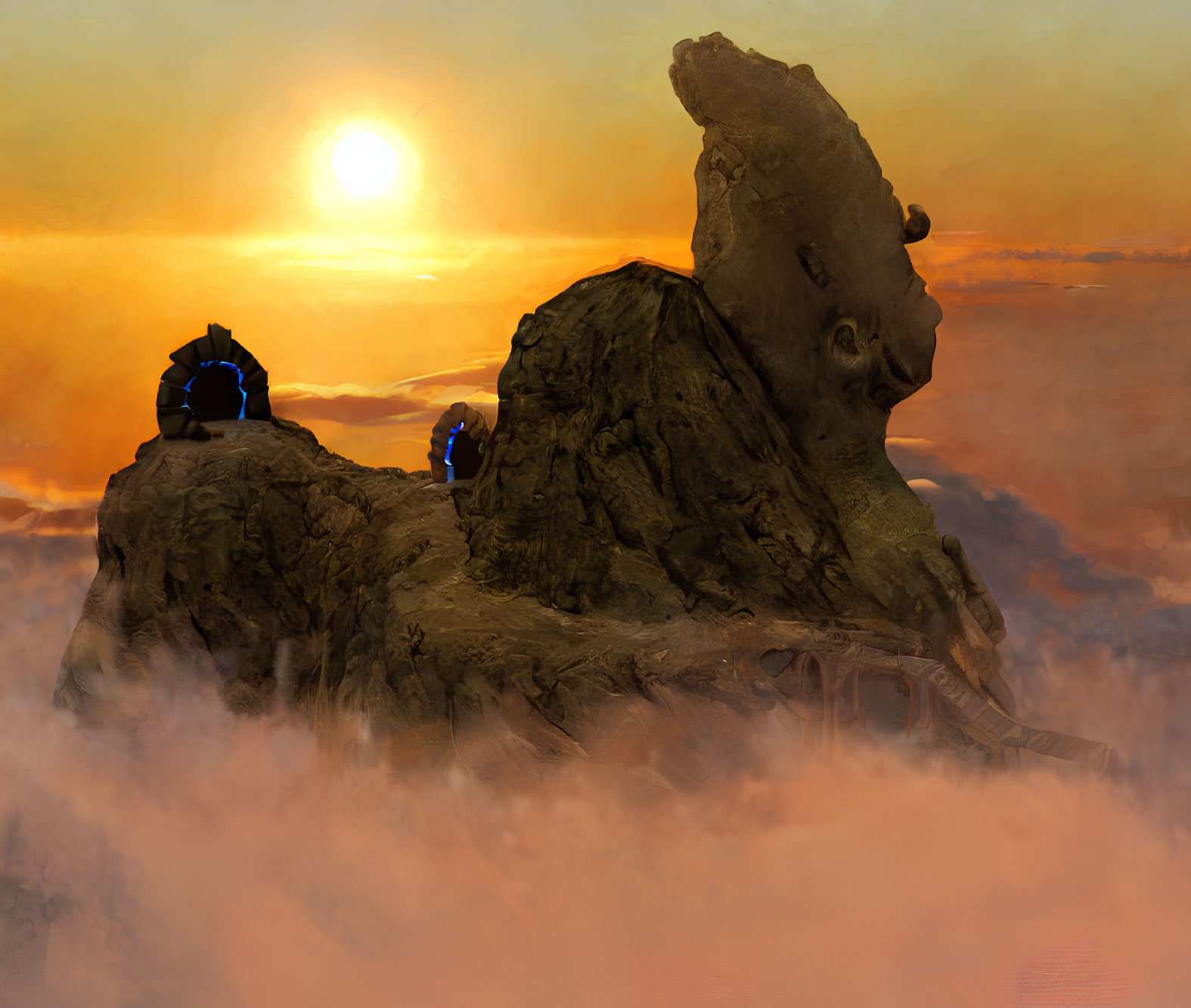 Digital artwork of rocky outcrop with futuristic structures in sunset clouds