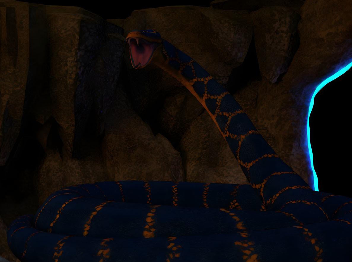 Serpent-like creature with blue and orange patterns in dark cavern