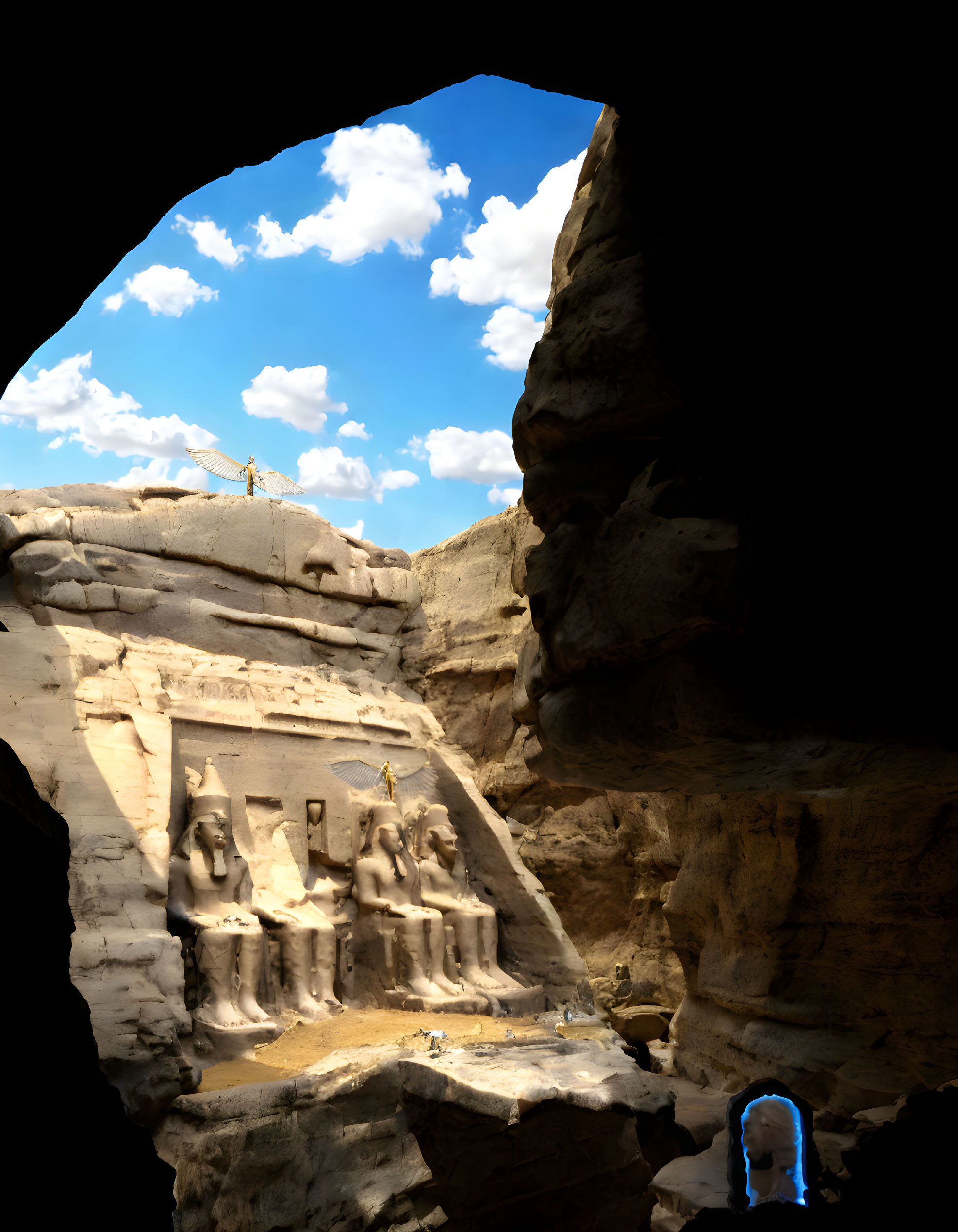 Ancient temple with carved figures in cave silhouette against blue sky