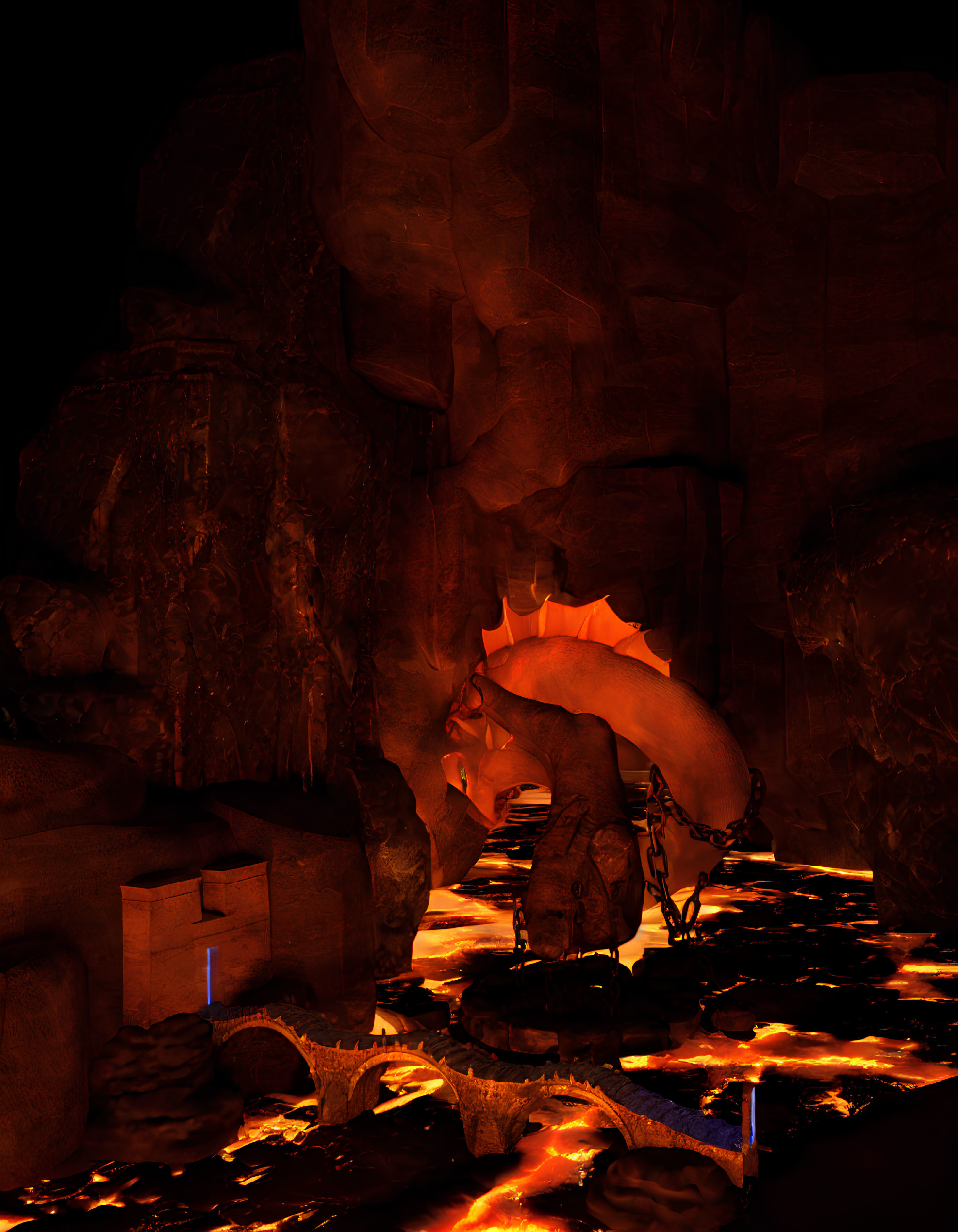 Volcanic cave with lava flows, chained dragon, and glowing rocks