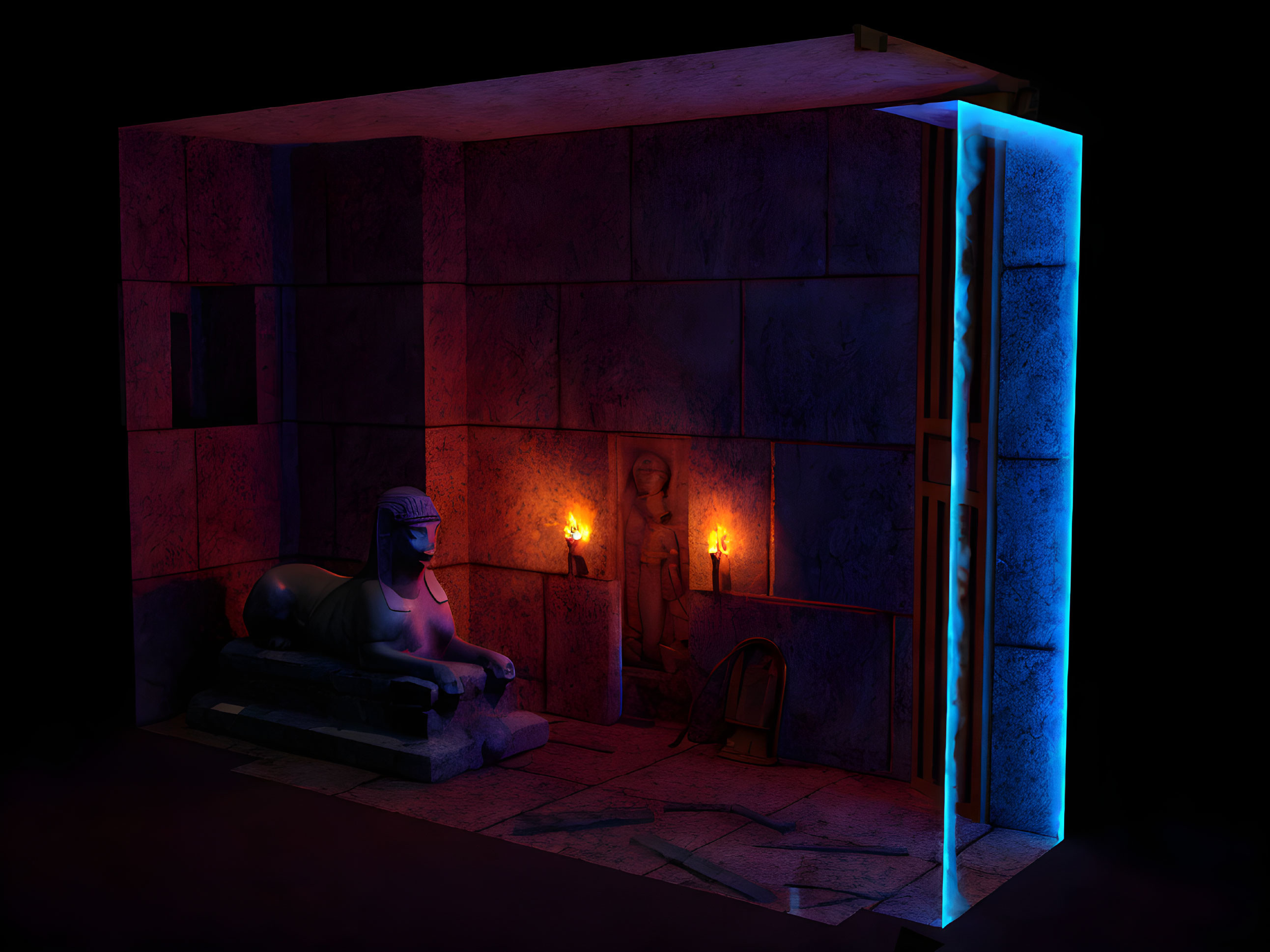Mysterious Room with Egyptian Sarcophagus and Glowing Doorway