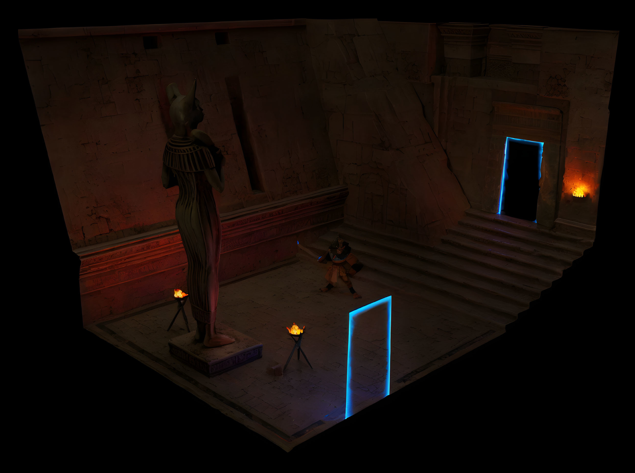 Ancient Egyptian chamber with deity statue, torchlight, and blue portals
