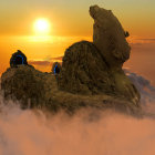 Digital artwork of rocky outcrop with futuristic structures in sunset clouds