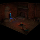 Dimly lit room with central fireplace, blue portal, scattered objects, and seated character