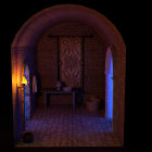 Medieval stone room with wooden table, bowls, blue glowing window, and wall tapestry