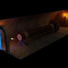 Medieval dungeon with wooden rack and glowing blue portal