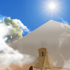 Miniature golden temple on white pyramid under bright sun with floating green island and black monolith