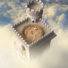 Stone tower in clouds with nest holding golden eggs under sunlight