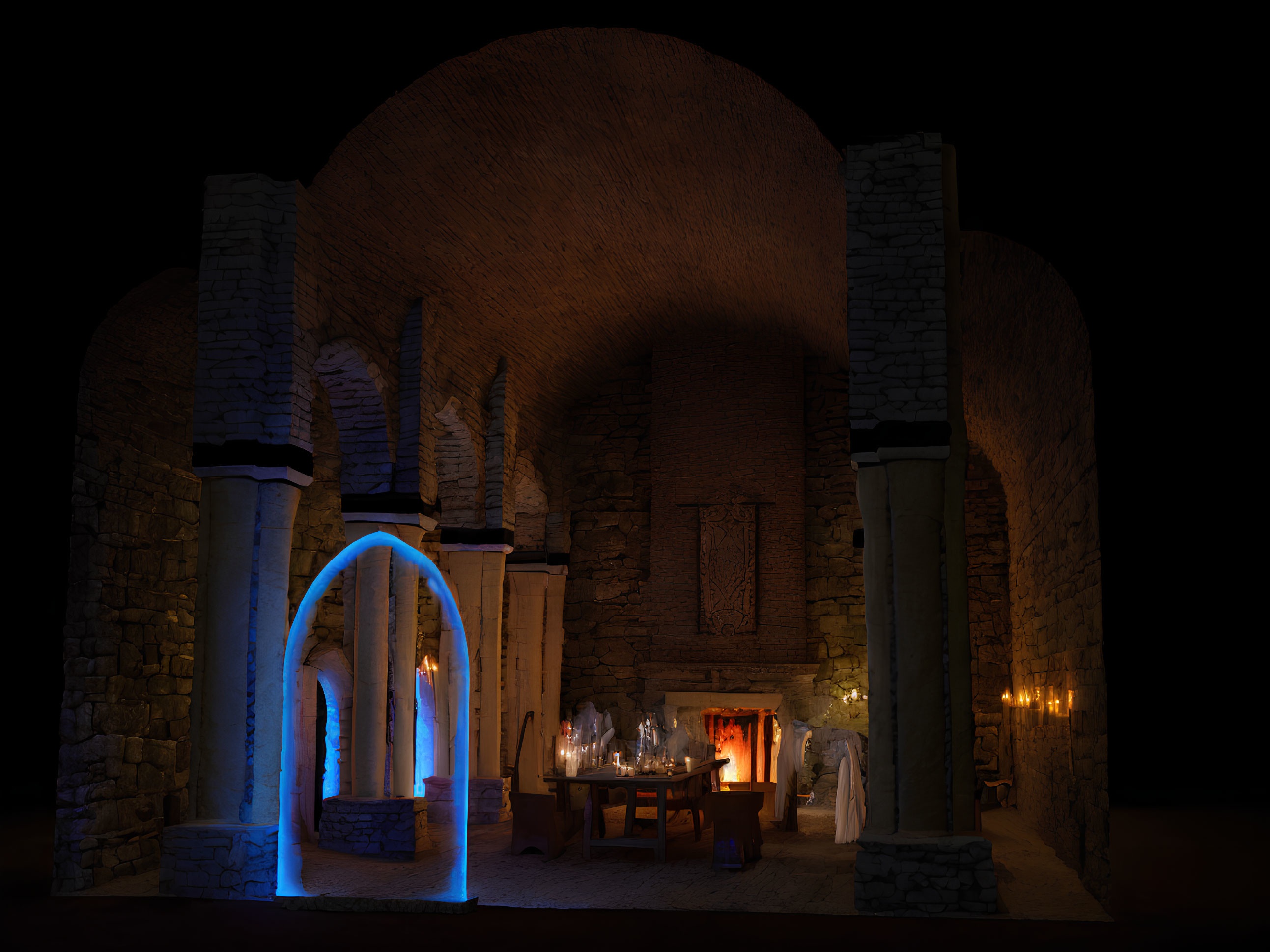 Medieval room with stone arches, neon blue light, and candles