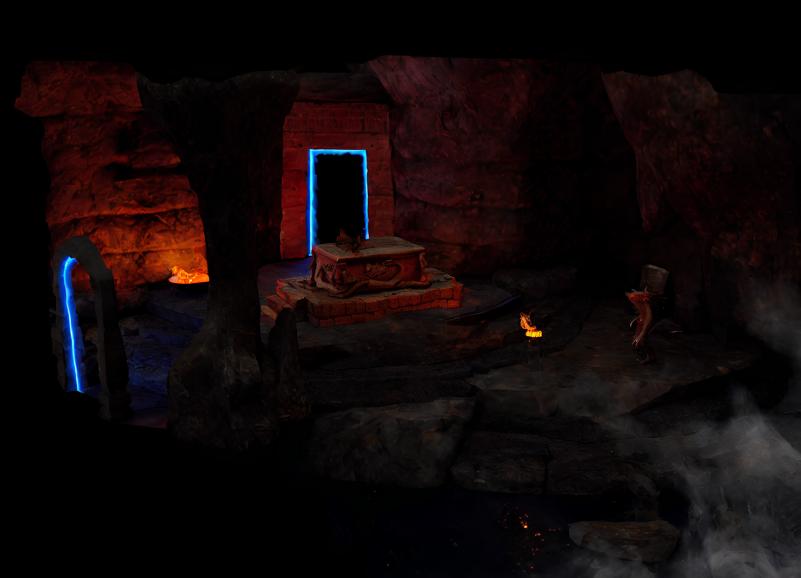 Mystical cave with glowing portals, ancient altar, flames, and fog