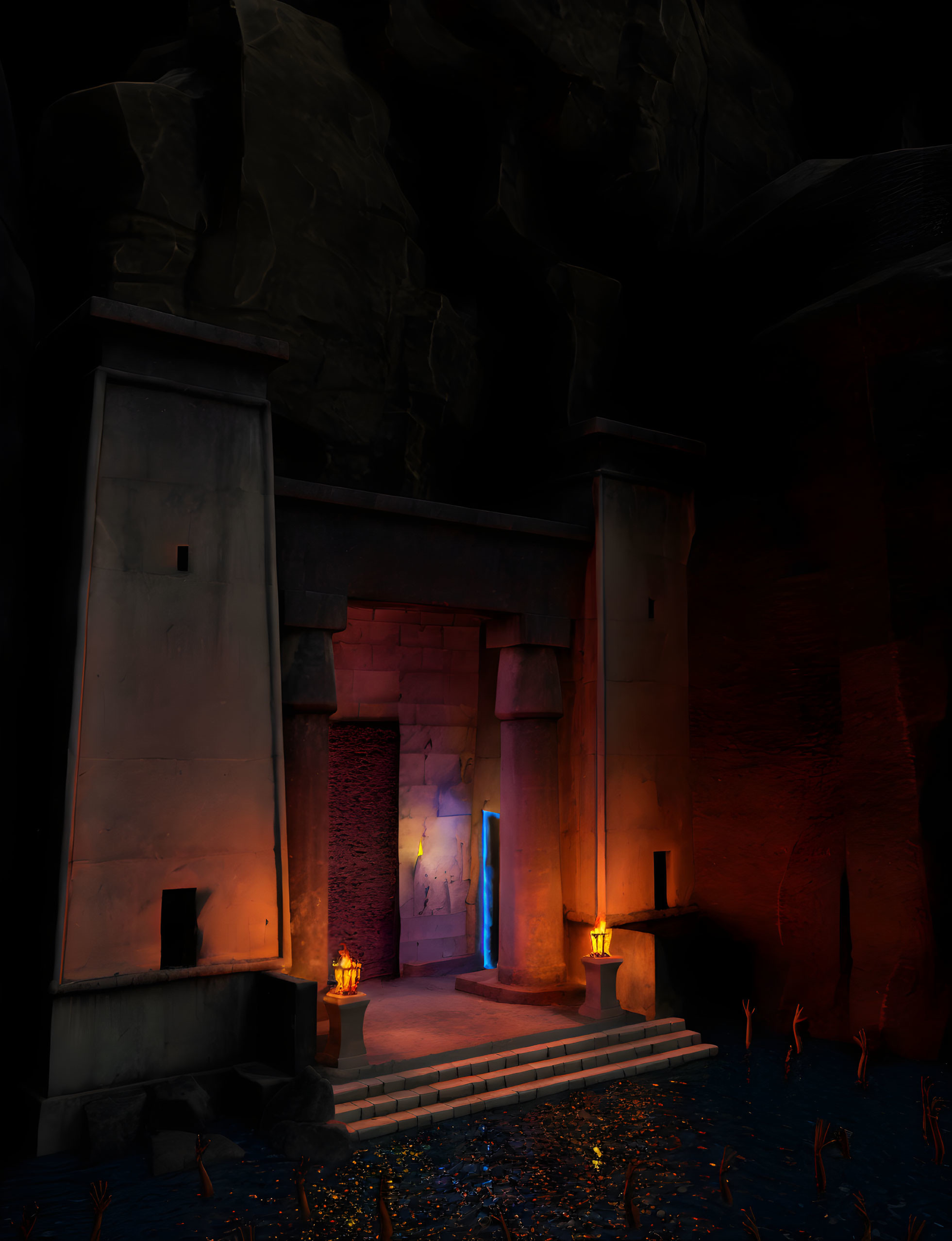 Mysterious Ancient Temple Entrance at Night with Blue Lights