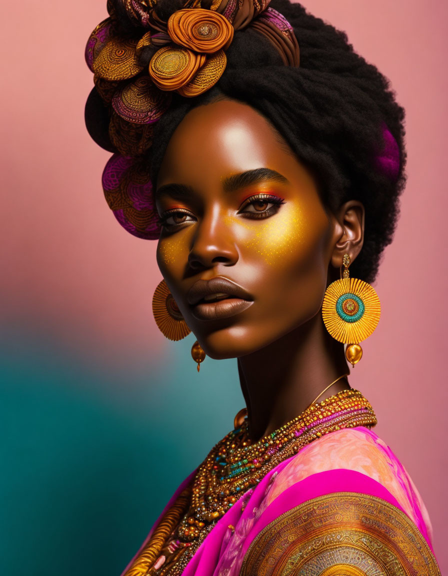 Stylish woman with African-inspired jewelry and vibrant makeup