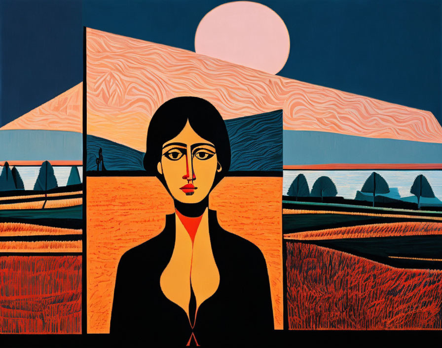 Stylized painting of woman with red and yellow landscape, geometric mountains, sun, and silhou