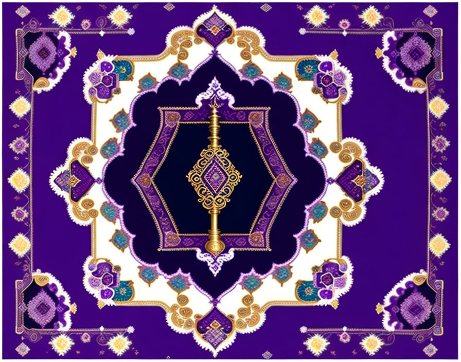 Symmetrical purple and gold textile design with ornate motif