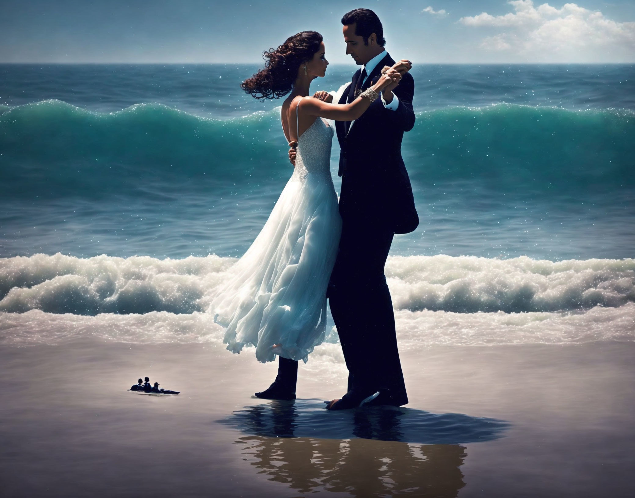 Couple Dancing on Beach with Crashing Waves