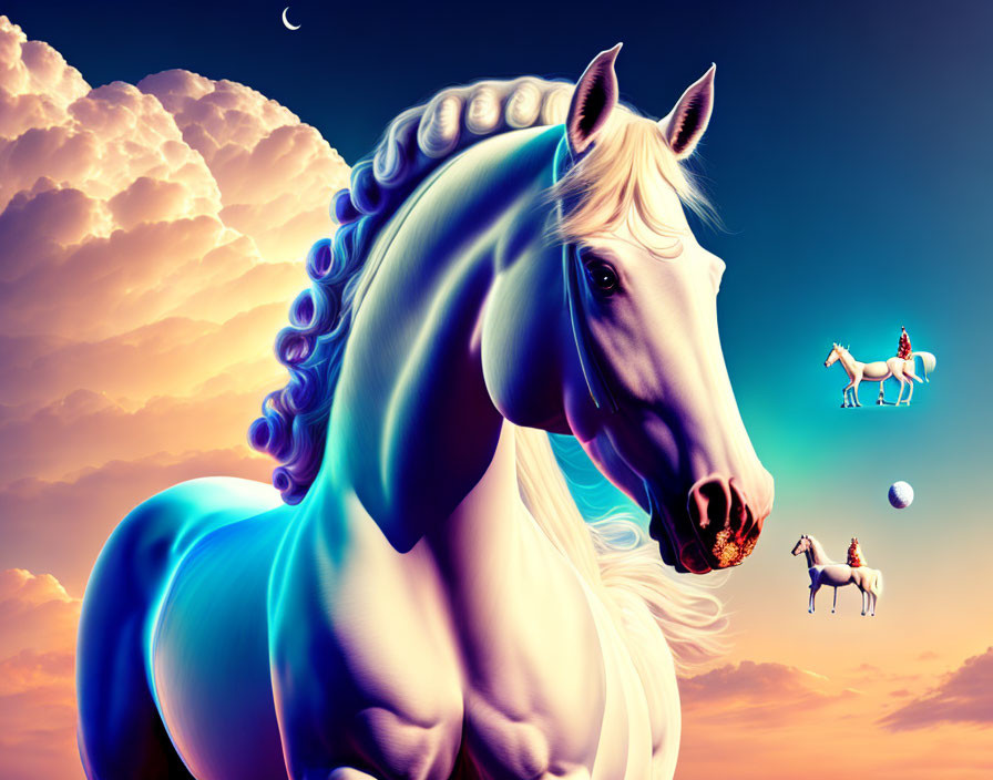 Muscular blue-and-white horse in surreal landscape with crescent moon and miniature horses