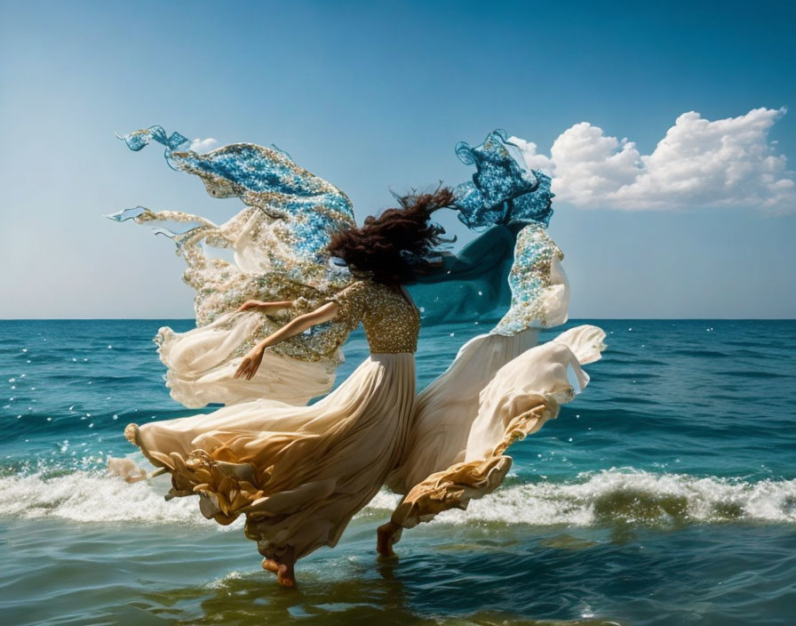 Person leaping above water creating splash with flowing dress against blue sky.