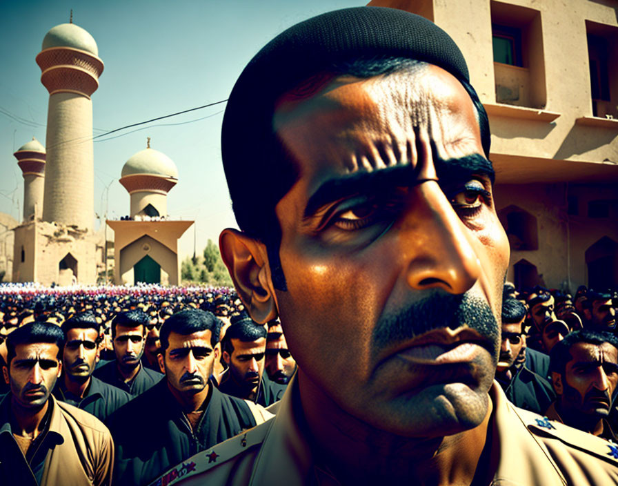 Military Man in Uniform with Mosque and Crowd Background