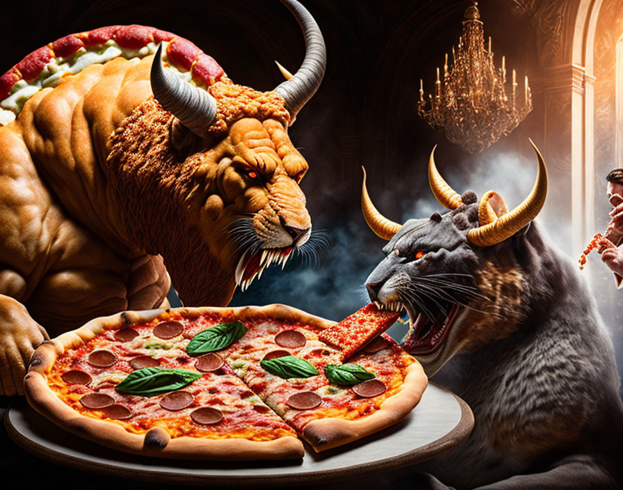 Bulky lion and fierce rat argue over giant pizza in gothic room