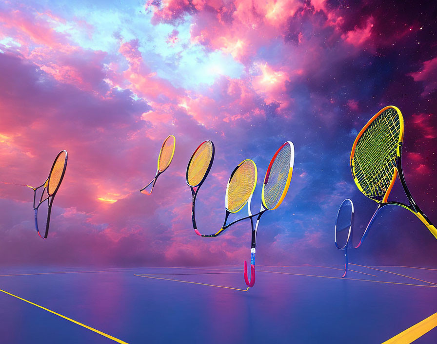 Surreal tennis rackets floating over vibrant cosmic sky