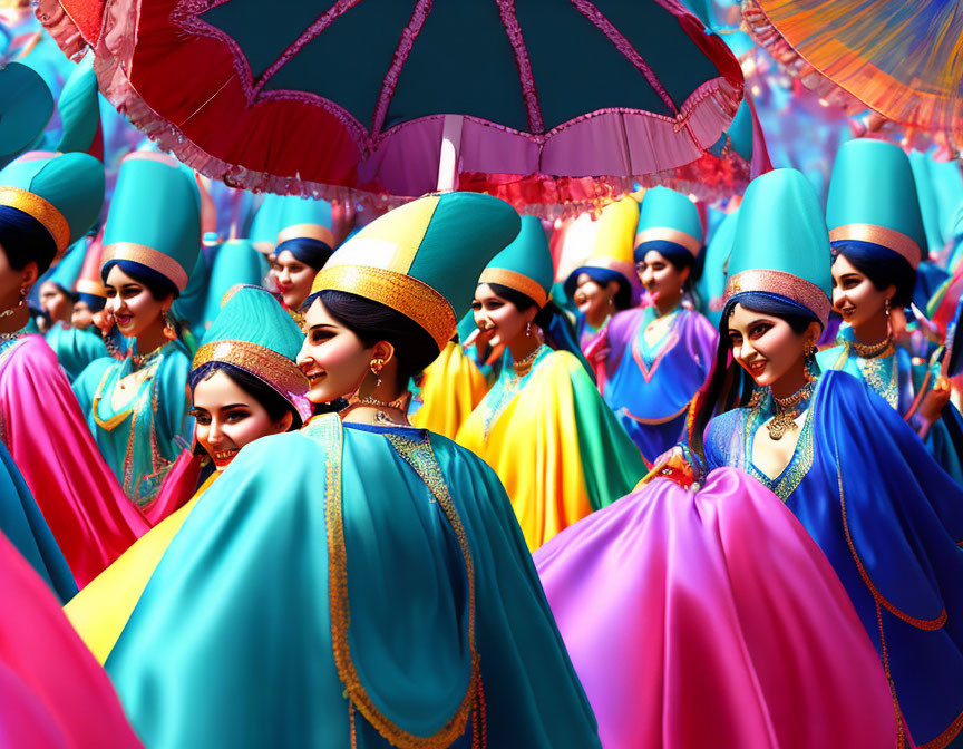 Colorful parade of women in vibrant traditional dresses with tall headdresses and umbrellas