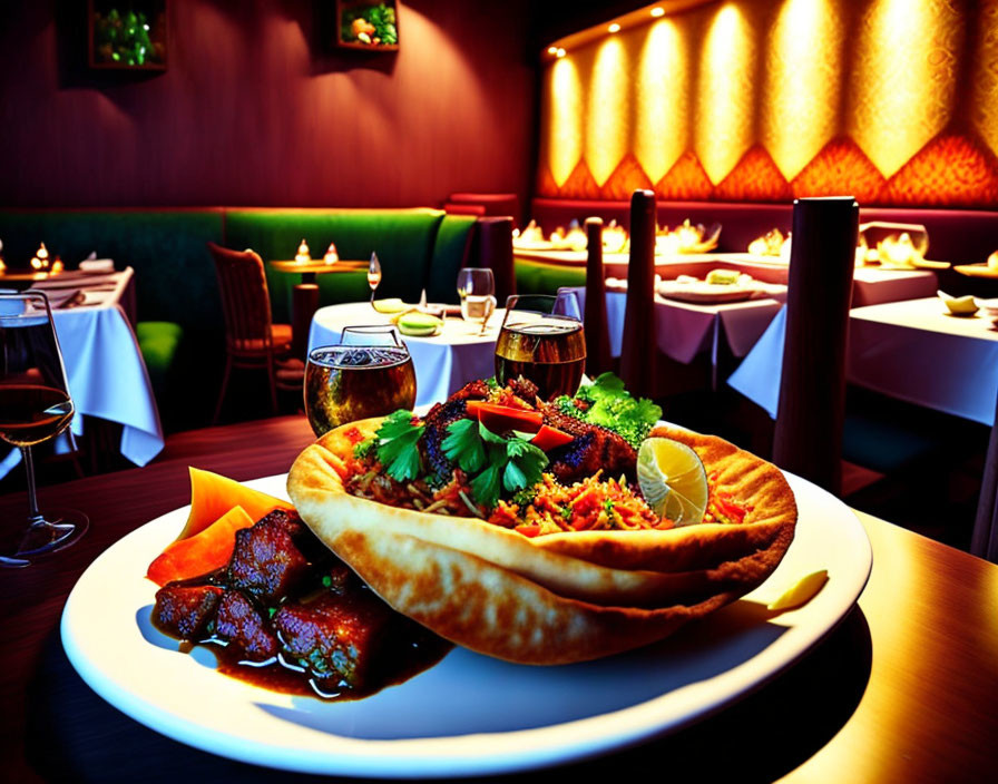 Colorful vegetable and meat dish in a bread bowl on a restaurant table with wine and ambient lighting