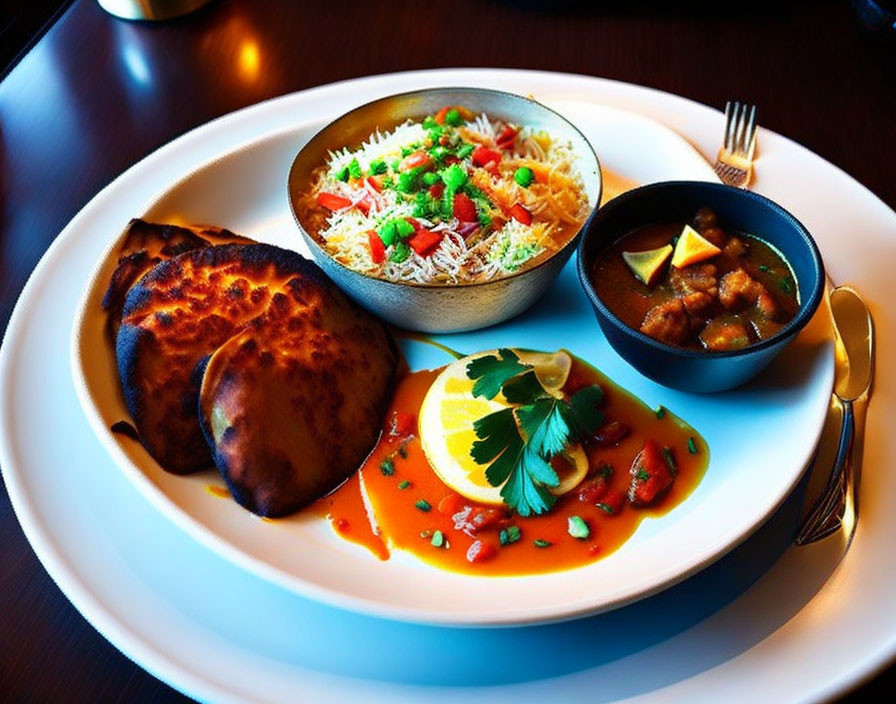 Plate of Indian cuisine: rice, naan, paneer curry, herbs, lemon