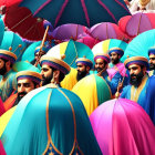 Colorful parade of women in vibrant traditional dresses with tall headdresses and umbrellas