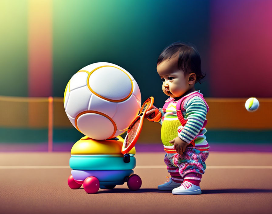 Toddler with Tennis Racket and Toy-like Figure on Colorful Volleyball Court