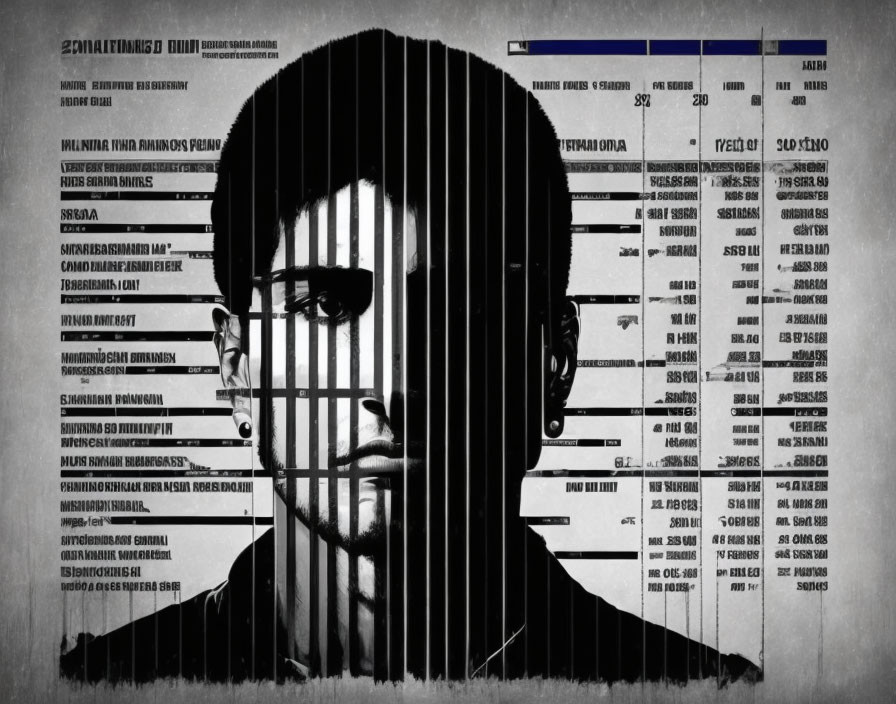 Monochrome portrait with prison bars overlay and crime-related text