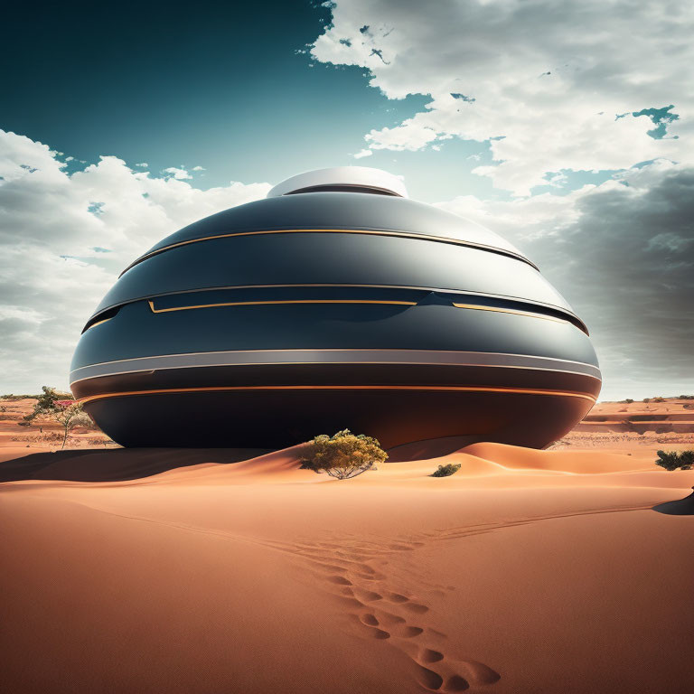 Futuristic spherical structure on desert dune with footprints and bush